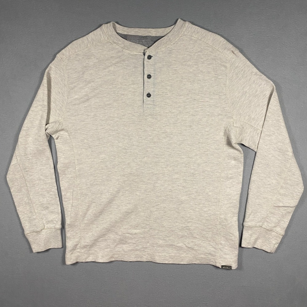 Eddie Bauer Henley Shirt Mens Large Oatmeal Waffle Knit Thermal Long Sleeve